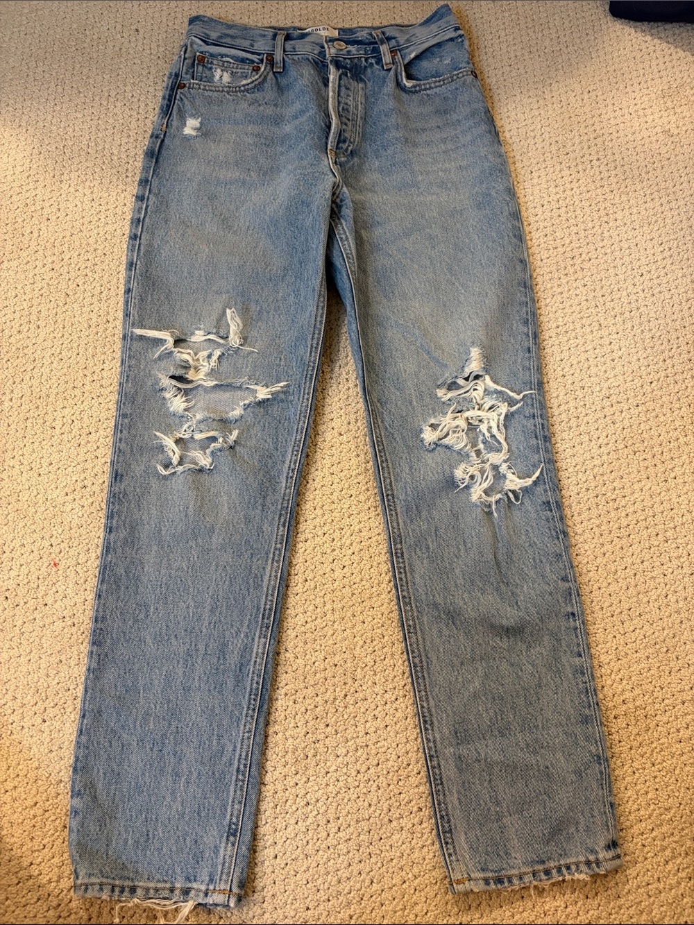 Agolde Women's Straight Leg Distressed Jeans in Light Blue